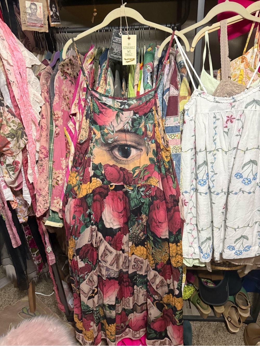 Floral Eye-Print Maxi Dress in Pink and Gold